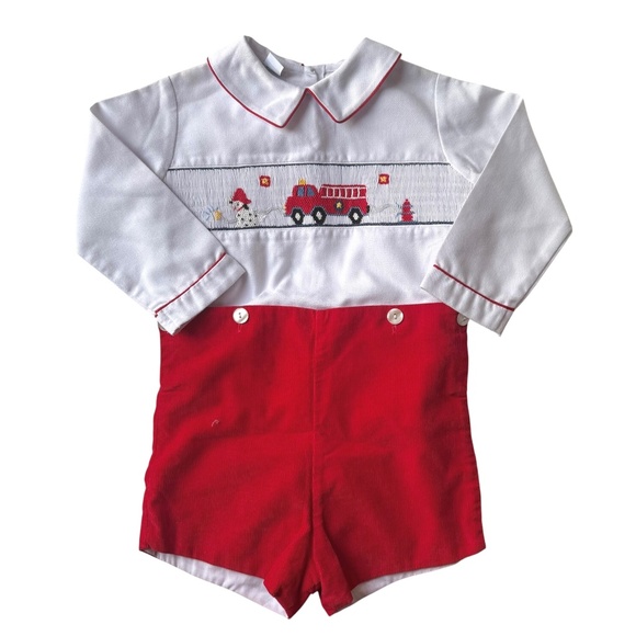 Anavini Smocked Button-On Shortall Outfit Firetruck 2 - Picture 1 of 6
